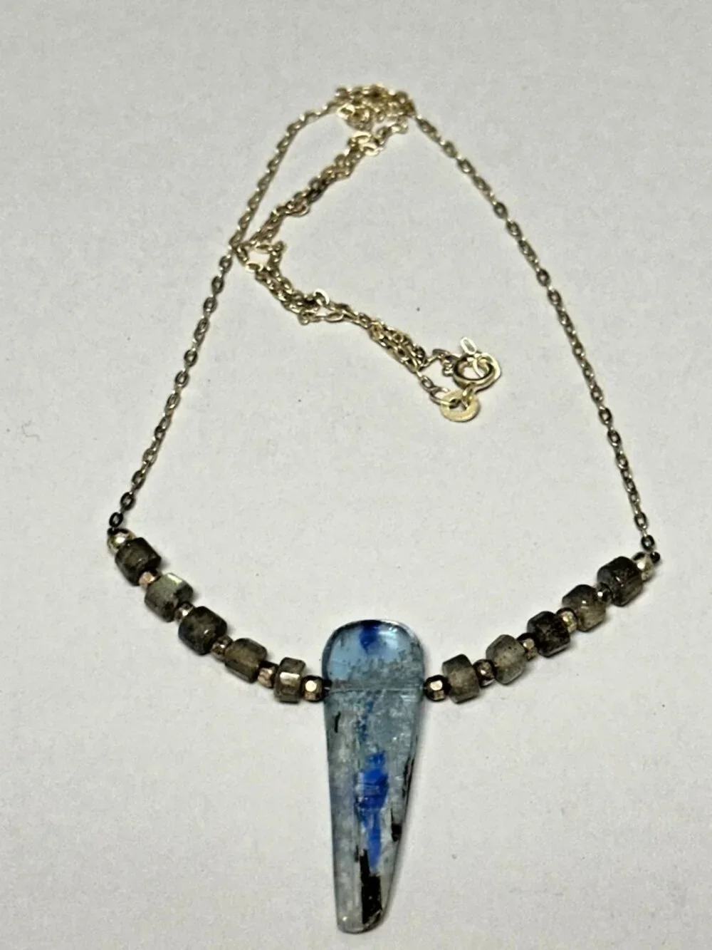 Kyanite Pendant Necklace Sterling Silver Blue Stone Beaded Chain Artisan